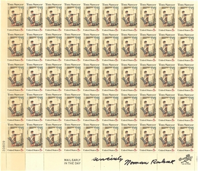 Norman Rockwell Signed 50-Block Stamp Sheet (JSA)